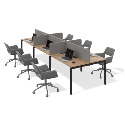 Бенч система на 6 рабочих мест П-образное подстолье (дуб канзас, черный муар, 2000x800, 40x40)