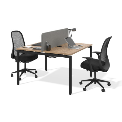 Бенч система на 2 рабочих места П-образное подстолье (дуб канзас, 1400x800, черный муар, 60x30)