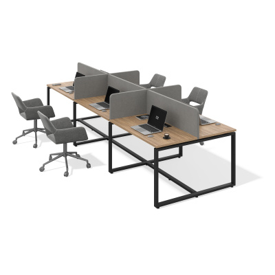 Бенч система на 6 рабочих мест О-образное подстолье (дуб канзас, 2000x800, черный муар, 40x40)