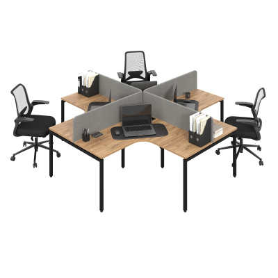 Бенч-система угловая модульная на 4 рабочих места с П-образным каркасом (дуб канзас, черный муар, 1400x600, 50x25)