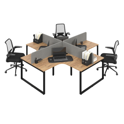 Бенч-система угловая модульная на 4 рабочих места с О-образным каркасом (дуб канзас, черный муар, 1400x600, 50x25)