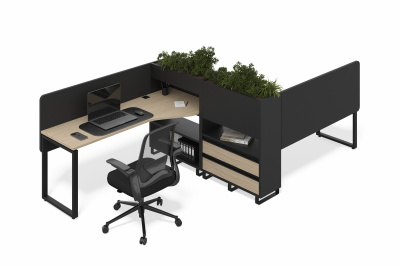 Бенч система на 2 места с кашпо (шпон натуральный дуб, Фасад: натуральный шпон (дуб), Корпус А: черный графит, черный муар, Левая)