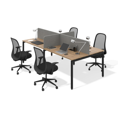 Бенч система на 4 рабочих места П-образное подстолье (дуб канзас, 1600x700, черный муар, 50x25)