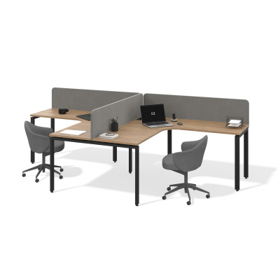 Бенч-система угловая модульная на 2 рабочих места с П-образным каркасом (дуб канзас, черный муар, 1400x600, 50x25)