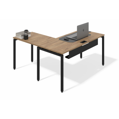 Угловой офисный стол П-образное подстолье (1,5мм) (С лючком и с креплениями, дуб канзас, черный муар, 1400x600, 600x400, 40x40)